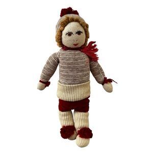 Vintage Handmade Knitted Cloth Doll Scandinavian Folk Art Winter Outfit